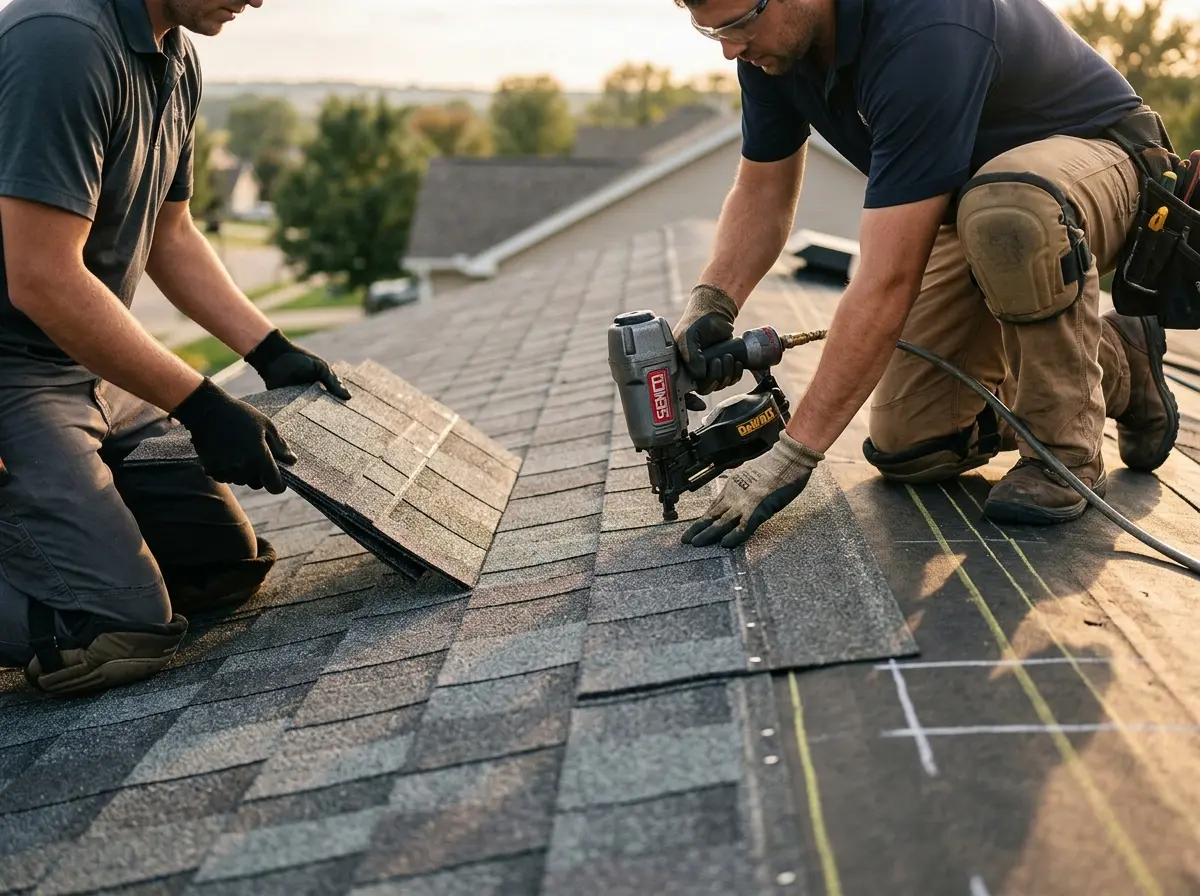 Professional roofer working on a residential roof in Cecil